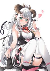 Rule 34 | 1girl, absurdres, apron, bare shoulders, blush, breasts, cleavage, demon, demon girl, green hair, grey hair, highres, large breasts, long hair, looking at viewer, maid, maid apron, maid headdress, medium breasts, nekoya minamo, original, simple background, solo, thighhighs, thighs, white hair