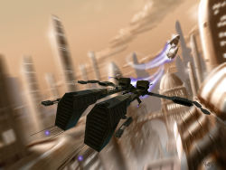 Rule 34 | aircraft, amarr empire (eve online), artist name, brown sky, brown theme, building, city, cloud, cloudy sky, commentary, day, eve online, executioner (eve online), flying, frigate (eve online), glowing, highres, krats, military, military vehicle, minmatar republic (eve online), motion blur, no humans, outdoors, photoshop (medium), rifter (eve online), science fiction, sky, skyscraper, space ship, spacecraft, spaceship, vehicle focus
