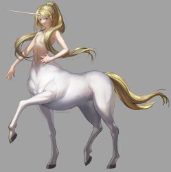 Rule 34 | 1girl, blonde hair, blue eyes, centaur, closed mouth, completely nude, flat chest, grey background, horns, long hair, looking at viewer, monster girl, mullmull02, no nipples, nude, original, ponytail, simple background, single horn, smile, solo, taur, twitter username, unicorn, very long hair