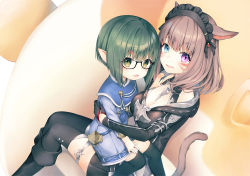 Rule 34 | 2girls, animal ears, bad id, bad pixiv id, black legwear, blunt bangs, blush, breasts, brown hair, cat ears, cat tail, cleavage, facial mark, fang, final fantasy, final fantasy xiv, glasses, gloves, green eyes, green hair, heterochromia, hug, kanora, lalafell, looking at viewer, maid headdress, medium breasts, miqo&#039;te, multiple girls, open mouth, pointy ears, short hair, sitting, sitting on lap, sitting on person, slit pupils, tail, thighhighs, whisker markings