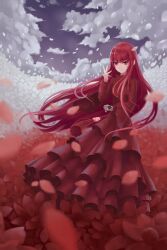 Rule 34 | 1girl, against the gods, cloud, dress, field, flower, flower field, jasmine (against the gods), long hair, official art, petals, red dress, red flower, red hair, smile, solo, standing, white flower