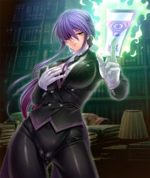 Rule 34 | 00s, 1girl, book, bookshelf, breasts, butler, cameltoe, contrapposto, eyepatch, female focus, formal, gloves, hand on own chest, highres, indoors, large breasts, long hair, looking at viewer, magic, onmyou kishi towako, ponytail, purple hair, reverse trap, shiki reika, skin tight, smile, solo, taimanin (series), taimanin asagi, taimanin asagi kessen arena, yellow eyes, zol