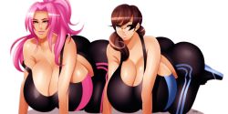 Rule 34 | 2girls, absurdres, all fours, ass, breasts, brown hair, cleavage, gigantic breasts, glasses, highres, huge ass, jassycoco, kneeling, lips, multiple girls, pink hair, ponytail, spandex, sports bra, strap slip, yellow eyes, yoga