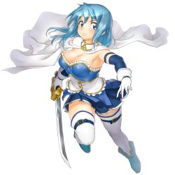 Rule 34 | 10s, 1girl, armband, belt, blue eyes, blue hair, boots, breasts, cape, cleavage, elbow gloves, full body, gloves, large breasts, magical girl, mahou shoujo madoka magica, mahou shoujo madoka magica (anime), matching hair/eyes, miki sayaka, onsoku inu, simple background, skirt, solo, sword, thighhighs, weapon, white background