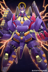 Rule 34 | 1girl, armor, black background, blush, bodysuit, breasts, cannon, closed mouth, clothing cutout, commentary, elbow gloves, electricity, full body, gloves, hair between eyes, headgear, highres, looking at viewer, mecha musume, medium breasts, navel, navel cutout, original, purple bodysuit, purple eyes, purple gloves, purple hair, seraphim throne, short hair, shoulder armor, smile, solo, twitter username, weapon