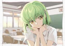 Rule 34 | 1girl, c.c., closed mouth, code geass, commentary request, creayus, green hair, hair between eyes, hair ornament, hairclip, indoors, looking at viewer, shirt, short hair, solo, white shirt, yellow eyes