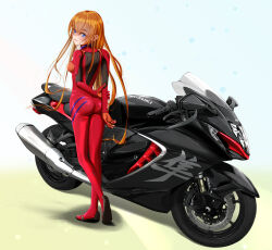 Rule 34 | 1girl, artist request, ass, blue eyes, blush, bodysuit, breasts, brown hair, evangelion: 3.0+1.0 thrice upon a time, full body, hair down, hair ornament, highres, long hair, looking at viewer, looking back, medium breasts, motor vehicle, motorcycle, neon genesis evangelion, parted lips, plugsuit, rebuild of evangelion, red bodysuit, simple background, skindentation, smile, solo, souryuu asuka langley, very long hair, wide hips
