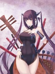 Rule 34 | 1girl, artist request, bare shoulders, black dress, blue eyes, blunt bangs, blush, breasts, china dress, chinese clothes, cleavage, closed mouth, detached sleeves, dress, fate/grand order, fate (series), flute, hair ornament, hand on own chest, hand on own hip, highres, instrument, large breasts, long hair, looking at viewer, pipa (instrument), purple hair, side slit, sidelocks, smile, solo, thighs, twintails, very long hair, yang guifei (fate), yang guifei (second ascension) (fate)