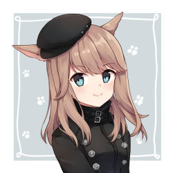 Rule 34 | 1girl, animal ears, black hat, black jacket, blue eyes, breasts, brown hair, cabbie hat, cat ears, closed mouth, final fantasy, final fantasy xiv, grey background, hat, jacket, kinatsu ship, long hair, looking at viewer, miqo&#039;te, small breasts, smile, solo, tilted headwear, two-tone background, upper body, warrior of light (ff14), white background