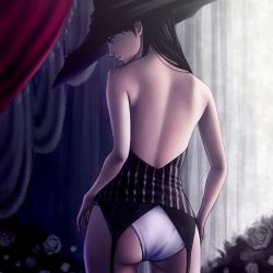 Rule 34 | 1girl, ass, back, backless outfit, bare back, black hair, curtains, flower, garter belt, hat, original, panties, raito (010415), red eyes, rose, solo, underwear, white panties, white rose, witch hat