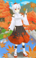 Rule 34 | 1girl, :d, akisome hatsuka, animal ears, autumn, autumn leaves, breasts, fall, falling, falling leaves, full body, geta, hat, inubashiri momiji, leaf, looking at viewer, medium breasts, open mouth, red eyes, short hair, smile, solo, standing, tokin hat, touhou, white hair, wolf ears