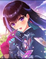 Rule 34 | 1girl, armor, artist request, black hair, blush, card, cloud, earrings, forcas, gloves, highres, jewelry, multicolored hair, official art, open mouth, phantom of the kill, pink gloves, purple eyes, two-tone hair