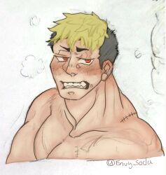 Rule 34 | 1boy, bara, blonde hair, blush, cropped torso, envysoda, highres, large pectorals, looking at viewer, male focus, multicolored hair, muscular, muscular male, nude, onogami tetsuya, pectorals, red eyes, scar, scar across eye, scar on face, shy, solo, tokyo houkago summoners, two-tone hair, undercut