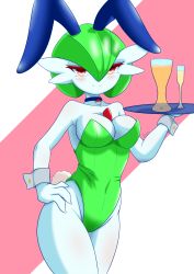 Rule 34 | 1girl, absurdres, animal ears, artist name, bare shoulders, blue choker, blush, bob cut, breasts, cameltoe, champagne flute, choker, cleavage, closed mouth, collarbone, covered navel, cowboy shot, creatures (company), cup, drink, drinking glass, fake animal ears, fake tail, female focus, game freak, gardevoir, gen 3 pokemon, green hair, green leotard, groin, hair between eyes, happy, hibi (not hibi), highres, holding, holding drink, holding tray, leotard, looking at viewer, medium breasts, nintendo, pink background, playboy bunny, poke ball symbol, pokemon, pokemon (creature), rabbit ears, rabbit tail, red eyes, seductive smile, short hair, signature, simple background, smile, solo, split mouth, standing, strapless, strapless leotard, tail, thighs, tray, two-tone background, waitress, wrist cuffs