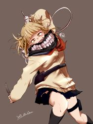 Rule 34 | 10s, 1girl, 2017, absurdres, blonde hair, blunt bangs, blush, boku no hero academia, cardigan, dated, double bun, dual wielding, fangs, female focus, hair bun, highres, holding, knife, messy hair, open mouth, oversized clothes, school uniform, serafuku, skirt, solo, thigh strap, toga himiko, weapon, yellow eyes