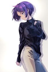 Rule 34 | 1girl, blue eyes, breasts, highres, jewelry, large breasts, looking to the side, necklace, original, pants, purple hair, rasetsu001, ribbed sweater, shadow, short hair, solo, standing, sweater, turtleneck, turtleneck sweater, white background