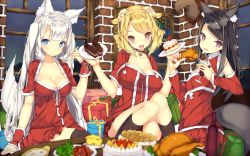 Rule 34 | 3girls, animal ears, bell, blurry, blush, breasts, cake, cake slice, cheese, christmas, cleavage, collar, depth of field, detached sleeves, food, fork, fox ears, fox tail, fruit, glass, highres, horns, large breasts, looking at viewer, multiple girls, neck bell, open mouth, original, plate, shirohina, sitting, smile, strawberry, strawberry shortcake, tail, thighhighs