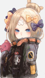 Rule 34 | 1girl, abigail williams (fate), abigail williams (traveling outfit) (fate), alternate hairstyle, bandaid, bandaid on face, bandaid on forehead, belt, black bow, black jacket, blonde hair, blue eyes, blush, bow, crossed bandaids, fate/grand order, fate (series), forehead, hair bow, hair bun, heroic spirit traveling outfit, high collar, holding, holding stuffed toy, jacket, long hair, long sleeves, looking at viewer, multiple hair bows, nyucha, official alternate costume, open mouth, orange bow, parted bangs, polka dot, polka dot bow, simple background, single hair bun, sleeves past fingers, sleeves past wrists, solo, stuffed animal, stuffed toy, teddy bear, white background