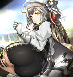 Rule 34 | 1girl, absurdres, arknights, ass, belt, black skirt, blue sky, breasts, bright pupils, brown cape, cape, closed mouth, dagger, day, fartooth (arknights), feather hair, gauntlets, green ribbon, helmet, high-waist skirt, highres, knife, lens flare, long hair, long sleeves, looking at viewer, lying, medium breasts, nopetroto, on side, outdoors, puffy long sleeves, puffy sleeves, ribbon, ringed eyes, shirt, side-tie shorts, silver hair, skindentation, skirt, sky, tassel, weapon, white shirt, yellow eyes