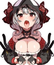 Rule 34 | 1girl, animal hood, breasts, cleavage, cupping hands, hololive, holox, hood, large breasts, open mouth, oral invitation, orca hood, own hands together, sakamata chloe, saliva, solo, tongue, tongue out, virtual youtuber, waiwai