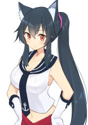 Rule 34 | 1girl, anchor symbol, animal ears, black hair, black necktie, black sailor collar, cat ears, commentary request, gloves, hands on own hips, highres, kantai collection, long hair, looking at viewer, midriff, necktie, pleated skirt, ponytail, red eyes, red skirt, sailor collar, sakikumo (sakumo), school uniform, scrunchie, serafuku, shirt, sidelocks, simple background, skirt, sleeveless, sleeveless shirt, solo, upper body, white background, white gloves, white shirt, yahagi (kancolle)
