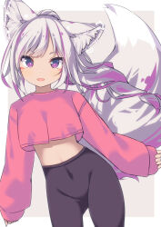 Rule 34 | 1girl, animal ear fluff, animal ears, black pants, commission, covered navel, crop top, daidai ookami, ear piercing, grey background, grey hair, groin, highres, long hair, long sleeves, midriff, multicolored hair, original, pants, piercing, pinching sleeves, pink shirt, ponytail, puffy long sleeves, puffy sleeves, purple hair, shirt, skeb commission, sleeves past wrists, solo, streaked hair, tail, two-tone background, very long hair, white background