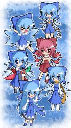 Rule 34 | &gt; &lt;, 6+girls, achi cirno, advent cirno, alternate color, alternate element, alternate hairstyle, blue eyes, blue hair, blush, bow, chibi, cirno, cirno-nee, cosplay, closed eyes, fiery wings, fire, hair bow, hakurei reimu, hakurei reimu (cosplay), hayate (pixiv), highres, ice, long hair, multiple girls, multiple persona, parody, red eyes, red hair, scarf, shippuu (sippu01), short hair, sword, touhou, weapon, wings