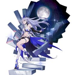Rule 34 | 1girl, bare shoulders, bella (honkai impact), benares (honkai impact), blue eyes, breasts, detached sleeves, floating hair, floating stairs, full body, full moon, hair between eyes, hair ornament, high heels, honkai (series), honkai impact 3rd, long hair, medium breasts, moon, navel, night, night sky, official art, purple hair, single thighhigh, sky, star (sky), starry sky, thighhighs, thighlet, third-party source, transparent background