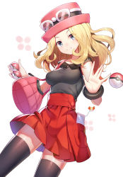 Rule 34 | 1girl, bag, bangle, black shirt, black thighhighs, blonde hair, blue eyes, blush, bracelet, breasts, cellphone, cellphone charm, charm (object), closed mouth, collarbone, commentary request, creatures (company), fingernails, game freak, goggles, goggles on headwear, hat, head tilt, highres, holding, holding poke ball, in pocket, jewelry, long hair, looking at viewer, medium breasts, nintendo, parted bangs, phone, pink hat, pleated skirt, poke ball, poke ball (basic), pokemon, pokemon xy, red skirt, ririko (zhuoyandesailaer), serena (pokemon), shirt, shoulder bag, skirt, sleeveless, sleeveless shirt, smartphone, smile, solo, thighhighs, white background