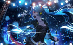 Rule 34 | 1girl, belt, blue background, breasts, bustier, cleavage, corsage, glowstick, hatsune miku, headphones, jacket, long hair, long sleeves, microphone, microphone stand, music, open clothes, open jacket, penlight (glowstick), qys3, singing, small breasts, solo, stage lights, standing, twintails, very long hair, vocaloid