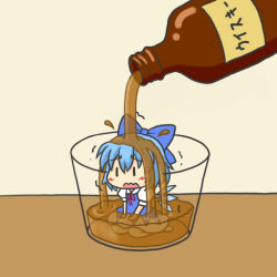Rule 34 | 1girl, alcohol, barefoot, blue hair, blush, blush stickers, bow, chibi, cirno, cup, in container, in cup, indoors, kneeling, long hair, mini person, minigirl, mundane utility, open mouth, ribbon, short hair, simple background, solo, touhou, translated, trembling, whiskey, wings, yunkaasu (kakushiaji), | |