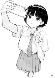 Rule 34 | 1girl, :o, absurdres, arm up, blush, breasts, cellphone, collared shirt, commentary request, greyscale, hand up, highres, holding, holding phone, looking away, looking up, medium breasts, monochrome, necktie, original, parted lips, phone, plaid necktie, plaid neckwear, pleated skirt, school uniform, selfie, shirt, short hair, short sleeves, signature, simple background, skirt, socks, solo, standing, takenoko no you, v, white background