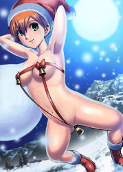 Rule 34 | 1girl, bell, blush, breasts, bule, christmas, creatures (company), exhibitionism, game freak, green eyes, hat, looking at viewer, misty (pokemon), naked ribbon, nintendo, orange hair, pokemon, public indecency, ribbon, santa hat, snow, solo, uncensored