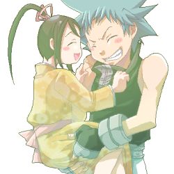 Rule 34 | 00s, 1boy, 1girl, :d, ^ ^, bare shoulders, black hair, black star, blue hair, carrying, closed eyes, floral print, grin, harukaumedaya, japanese clothes, kimono, long sleeves, lowres, nakatsukasa tsubaki, open mouth, pin, ponytail, short hair, simple background, size difference, smile, soul eater, spiked hair, teeth, upper body, vest, white background