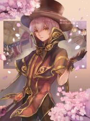 Rule 34 | 1boy, 823/natalia, blouse, brown capelet, brown eyes, brown gloves, brown hat, brown pants, cape, capelet, commission, cowboy shot, falling petals, gloves, hair between eyes, has artifacted revision, has bad revision, has glazed revision, hat, highres, holding, holding staff, lantern, looking at viewer, male focus, mask, pants, paper lantern, parted lips, petals, pink hair, ragnarok online, red shirt, shirt, short hair, skeb commission, solo, staff, tengu mask, top hat, twitter username, white cape, wizard (ragnarok online)