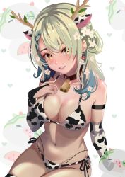 Rule 34 | 1girl, alternate costume, animal ears, animal print, arm strap, bell, bikini, braid, braided bangs, branch, breasts, brown collar, bubblegumiiarts, ceres fauna, cleavage, collar, cow ears, cow print, cow print bikini, cow print gloves, cow print thighhighs, cowbell, earrings, flower, food, fruit, gloves, green hair, hair flower, hair ornament, heart, highres, hololive, hololive english, horns, jewelry, long hair, looking at viewer, mole, mole under eye, navel, print bikini, print gloves, print thighhighs, sitting, smile, solo, swimsuit, teeth, thighhighs, tree horns, virtual youtuber, watermelon, white background, yellow eyes