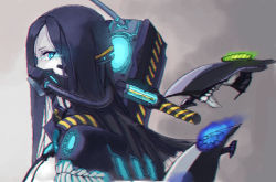 Rule 34 | 10s, abyssal ship, adapted costume, bad id, bad pixiv id, black hair, blue eyes, cannon, diving mask, enemy aircraft (kancolle), glowing, goggles, ka-class submarine, kantai collection, long hair, looking at viewer, mask, profile, solo, sw (2311550438), teeth