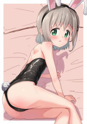 Rule 34 | 1girl, absurdres, animal ears, ass, bare arms, bare legs, bare shoulders, black leotard, commentary request, fake animal ears, fake tail, green eyes, grey hair, hair ornament, hairclip, highres, kohshibasaki, leotard, looking at viewer, playboy bunny, rabbit ears, rabbit tail, shoulder blades, solo, strapless, strapless leotard, tail, thighs, yama no susume, yukimura aoi