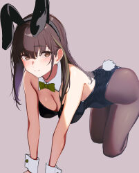 Rule 34 | 1girl, 3 small spiders, absurdres, alternate costume, animal ears, black leotard, bow, bowtie, brown eyes, brown hair, brown pantyhose, detached collar, fake animal ears, fake tail, girls&#039; frontline, highleg, highleg leotard, highres, leaning, leotard, long hair, looking at viewer, m4a1 (girls&#039; frontline), multicolored hair, pantyhose, playboy bunny, rabbit ears, rabbit tail, strapless, strapless leotard, streaked hair, tail, traditional bowtie, wrist cuffs