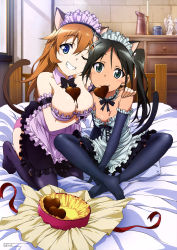 Rule 34 | 2girls, ;), absurdres, animal ears, apron, arm garter, bare shoulders, black gloves, black hair, black legwear, blue eyes, breast hold, breasts, brown hair, cat ears, cat tail, charlotte e. yeager, chocolate, choker, cleavage, dark-skinned female, dark skin, detached collar, elbow gloves, fang, feet, food on body, francesca lucchini, gloves, green eyes, grin, highres, indian style, kneeling, large breasts, looking at viewer, maid headdress, multiple girls, no shoes, official art, one eye closed, panties, pink panties, sitting, skindentation, smile, strike witches, tail, thighhighs, twintails, underwear, world witches series