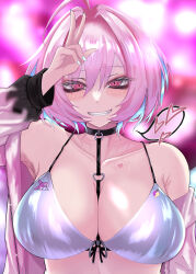 Rule 34 | 1girl, absurdres, ahoge, apple print, armpits, black choker, blue hair, blurry, blurry background, blush, bob cut, bodypaint, breasts, choker, cleavage, collarbone, fang, fingernails, grin, hair intakes, heart, heart o-ring, highres, idolmaster, idolmaster cinderella girls, jacket, jacket partially removed, large breasts, looking at viewer, multicolored hair, nail polish, pink eyes, pink hair, pink jacket, shark print, smile, solo, spoken heart, swimsuit, torikago (birdcage627), two-tone hair, upper body, w, yumemi riamu