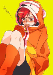 Rule 34 | 10s, 1girl, animal costume, blush, hands in pockets, hino akane (smile precure!), mouth hold, orange shirt, precure, red eyes, red hair, shirt, short hair, simple background, smile precure!, solo, tears, tima, yellow background