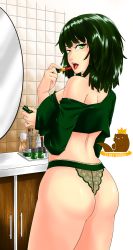 Rule 34 | 1girl, absurdres, applying lipstick, applying makeup, artist name, ass, bare shoulders, blush, breasts, cosmetics, cowboy shot, crop top, crown, el rey nutria, female focus, from behind, fubuki (one-punch man), green eyes, green hair, green panties, green shirt, highres, indoors, lace, lace panties, large breasts, lipstick, looking at viewer, looking back, makeup, matching hair/eyes, medium hair, midriff, mirror, no reflection, off shoulder, one-punch man, open mouth, otter, panties, shiny skin, shirt, sideboob, smile, solo, standing, thong, tile wall, tiles, translated, underwear