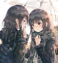 Rule 34 | 2girls, backpack, bag, black jacket, black scarf, blush, brown eyes, brown jacket, commentary request, enpera, eye contact, hair ornament, hairclip, highres, holding, holding umbrella, hood, hooded jacket, huwari (dnwls3010), jacket, long hair, long sleeves, looking at another, mask, mouth mask, multiple girls, original, scarf, school uniform, surgical mask, transparent, transparent umbrella, umbrella, uniform, yuri