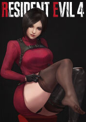 Rule 34 | 1girl, absurdres, ada wong, asian, asymmetrical legwear, black background, black eyes, black gloves, black hair, black panties, boots, breasts, buckle, chest harness, closed mouth, commentary, english commentary, eyelashes, feet, gloves, harness, highres, holster, knees up, lips, long sleeves, medium breasts, mismatched legwear, monori rogue, panties, red sweater, resident evil, resident evil 4, resident evil 4 (remake), ribbed sweater, short hair, shoulder holster, single thigh boot, single thighhigh, sitting, sleeveless, sleeveless turtleneck, solo, sweater, swept bangs, thigh boots, thighhighs, thighhighs pull, thighs, turtleneck, underwear