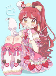 Rule 34 | 1girl, aeruusa, blush, boots, bow, chef hat, cream, cream on face, drawn wings, dress, food, food-themed clothes, food on face, frilled dress, frills, fruit, full body, gloves, hair bow, hair ornament, hat, heart, highres, holding, knee boots, licking, long hair, pastry bag, pink bow, ponytail, pretty series, pripara, red hair, shiratama mikan, simple background, sitting, smile, solo, strawberry, tongue, tongue out, white gloves, yellow eyes