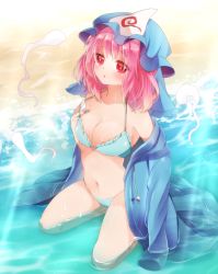 Rule 34 | 1girl, :o, alternate costume, armpits, beach, bikini, blue bikini, blush, breasts, cleavage, collarbone, commentary request, fukurahagi uomaru, full body, hat, hitodama, jacket, looking at viewer, medium breasts, mob cap, navel, off shoulder, open clothes, open jacket, outdoors, partially submerged, pink hair, pulling own clothes, red eyes, saigyouji yuyuko, seiza, short hair, sitting, solo, stomach, strap pull, sunlight, swimsuit, touhou, triangular headpiece, water, wet