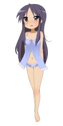 Rule 34 | 00s, 1girl, agenasu, arms behind back, bad id, bad pixiv id, bare arms, bare legs, bare shoulders, barefoot, blue eyes, blush, full body, hiiragi miki, lingerie, long hair, looking at viewer, lucky star, mature female, midriff, navel, negligee, open mouth, panties, purple hair, purple panties, simple background, solo, standing, underwear, white background