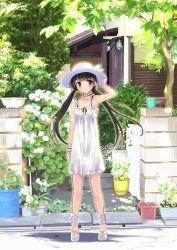 Rule 34 | ankle lace-up, arm behind head, armpits, black hair, choker, cross-laced footwear, dress, hat, long hair, original, plant, platform footwear, potted plant, purple eyes, sandals, scenery, sleeveless, solo, standing, takashina masato, twintails
