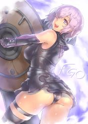 Rule 34 | 1girl, absurdres, ass, breasts, covered erect nipples, elbow gloves, fate/grand order, fate (series), gloves, hair over one eye, highres, looking at viewer, looking back, mash kyrielight, medium breasts, pokkora, purple eyes, purple hair, purple thighhighs, shield, single thighhigh, skindentation, smile, solo, thighhighs, thighs